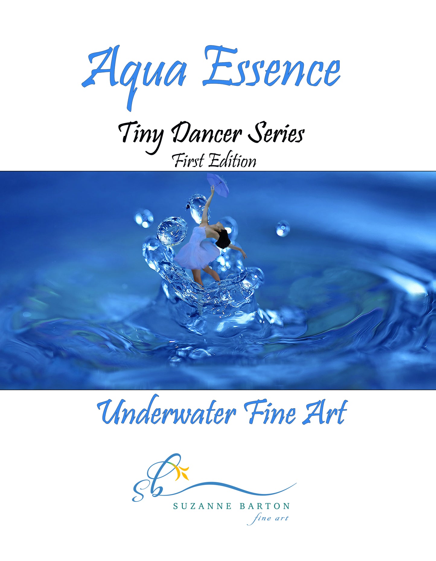 Book cover with image of beautiful woman in a pink dress playfully popping out in a dance movement of blue water surrounded by bubbles.