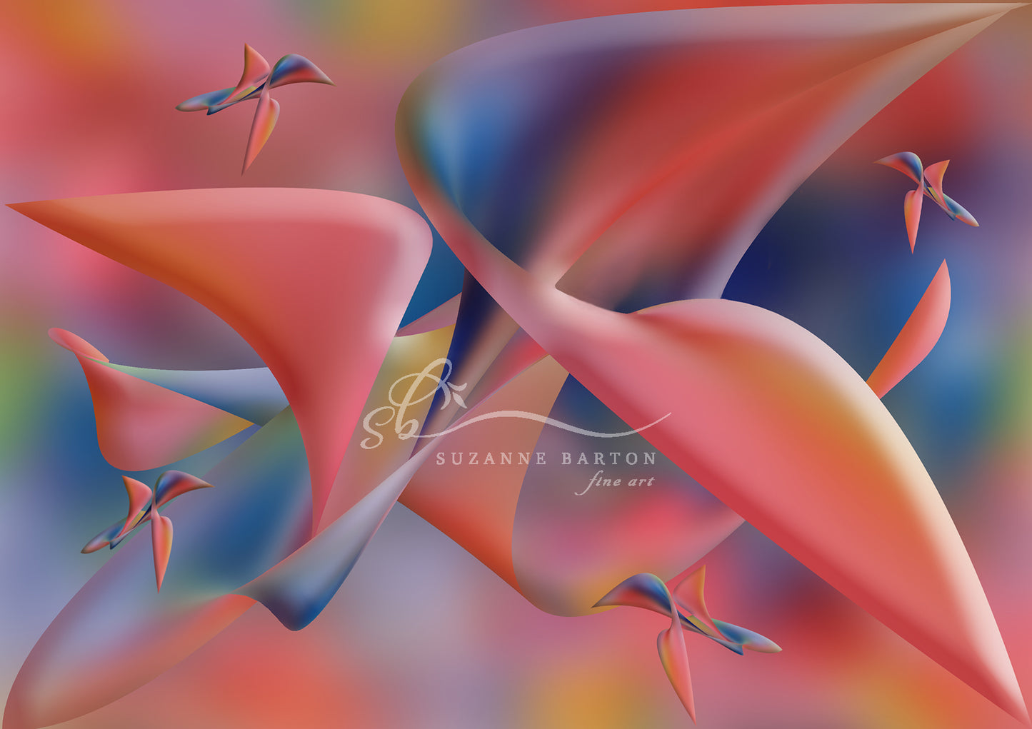 Stunning abstract fine art piece featuring soft pinks and vibrant blues. The shapes looks like birds in flight.