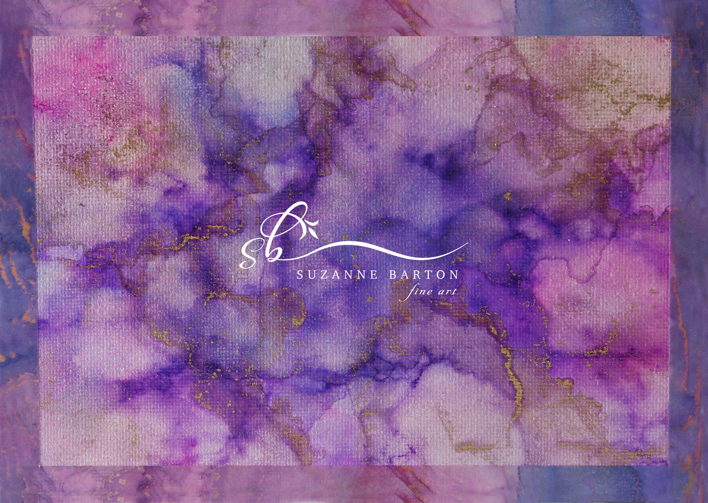 Abstract art image in soft purple and pink hues with veins of gold.