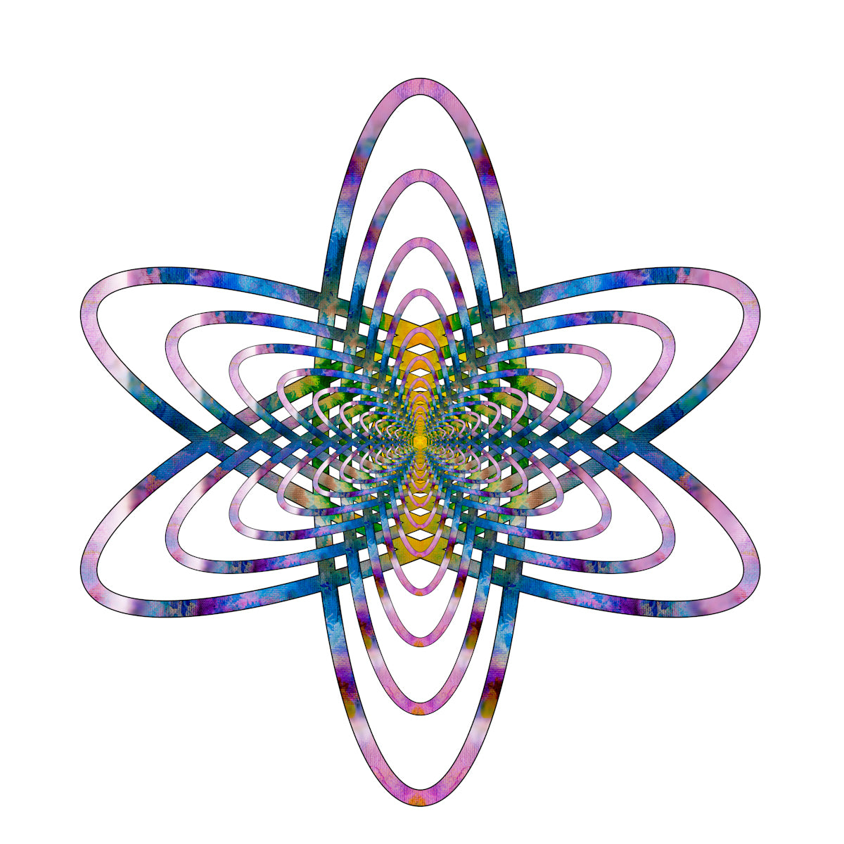 Digital Fine Art Photography. Beautiful spatial flower shape in a vibrant rainbow of colors on a white background.