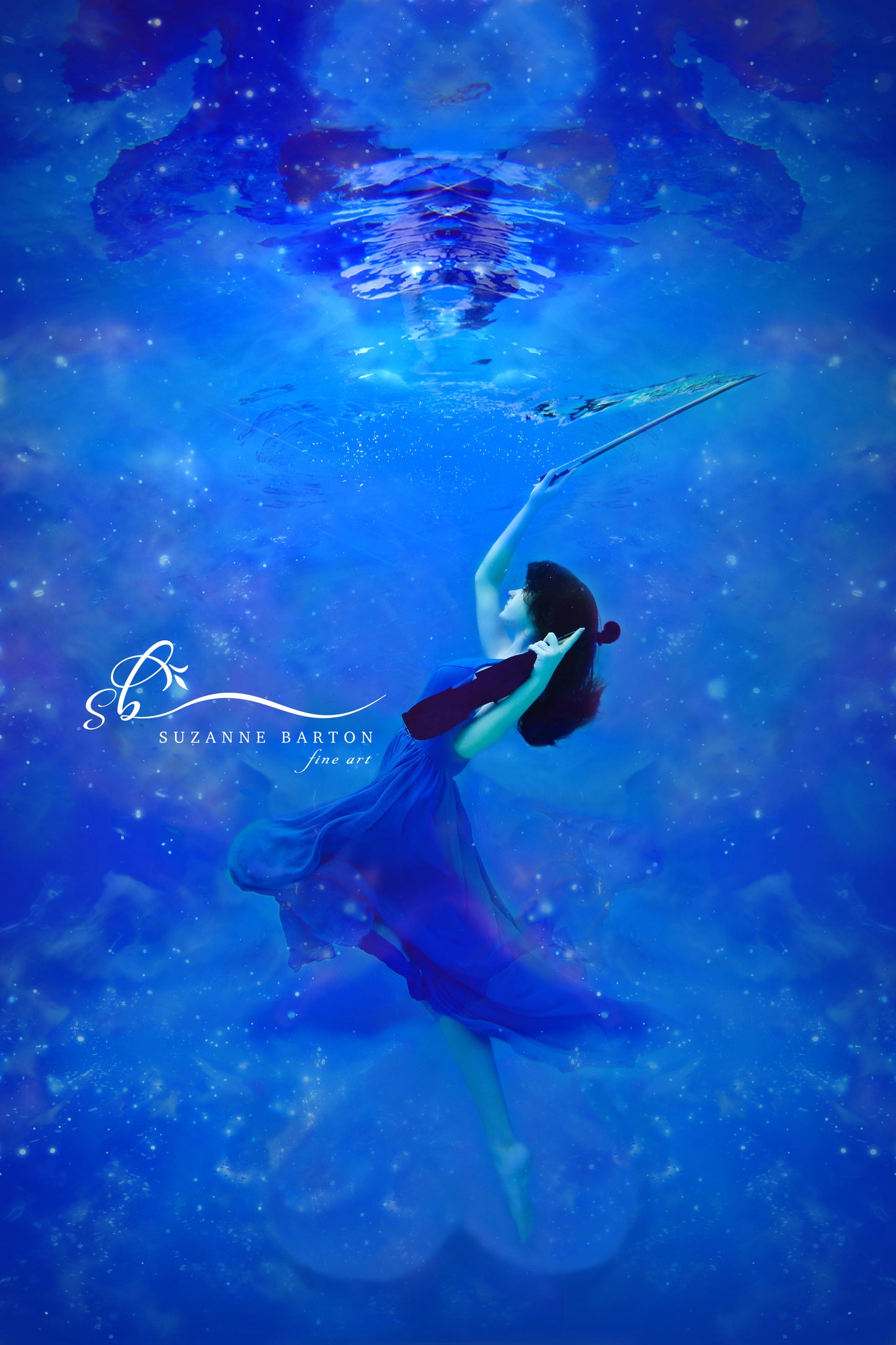 A dark haired woman in violet hues playing a violin underwater in an ethereal environment.