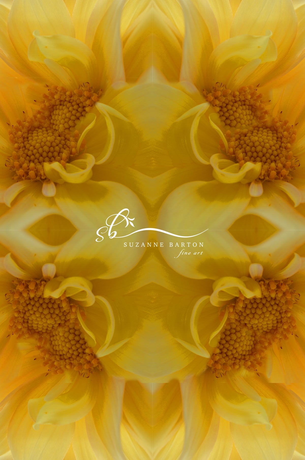 One beautiful symmetrical floral image repeated four times in warm gold and yellow tones.