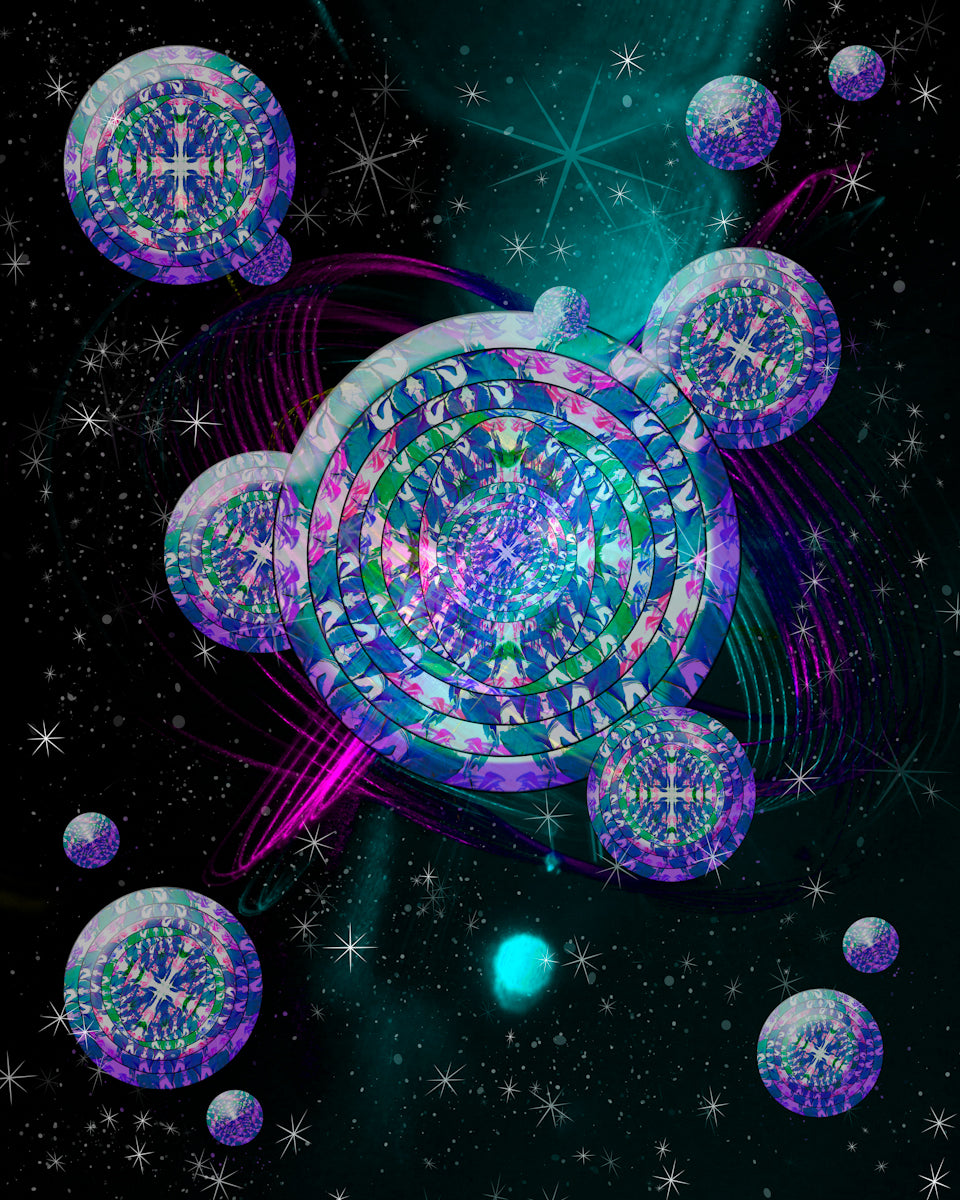 Black background with mosaic like planets and stars in shades of blue, pink and white with beams of bright light.
