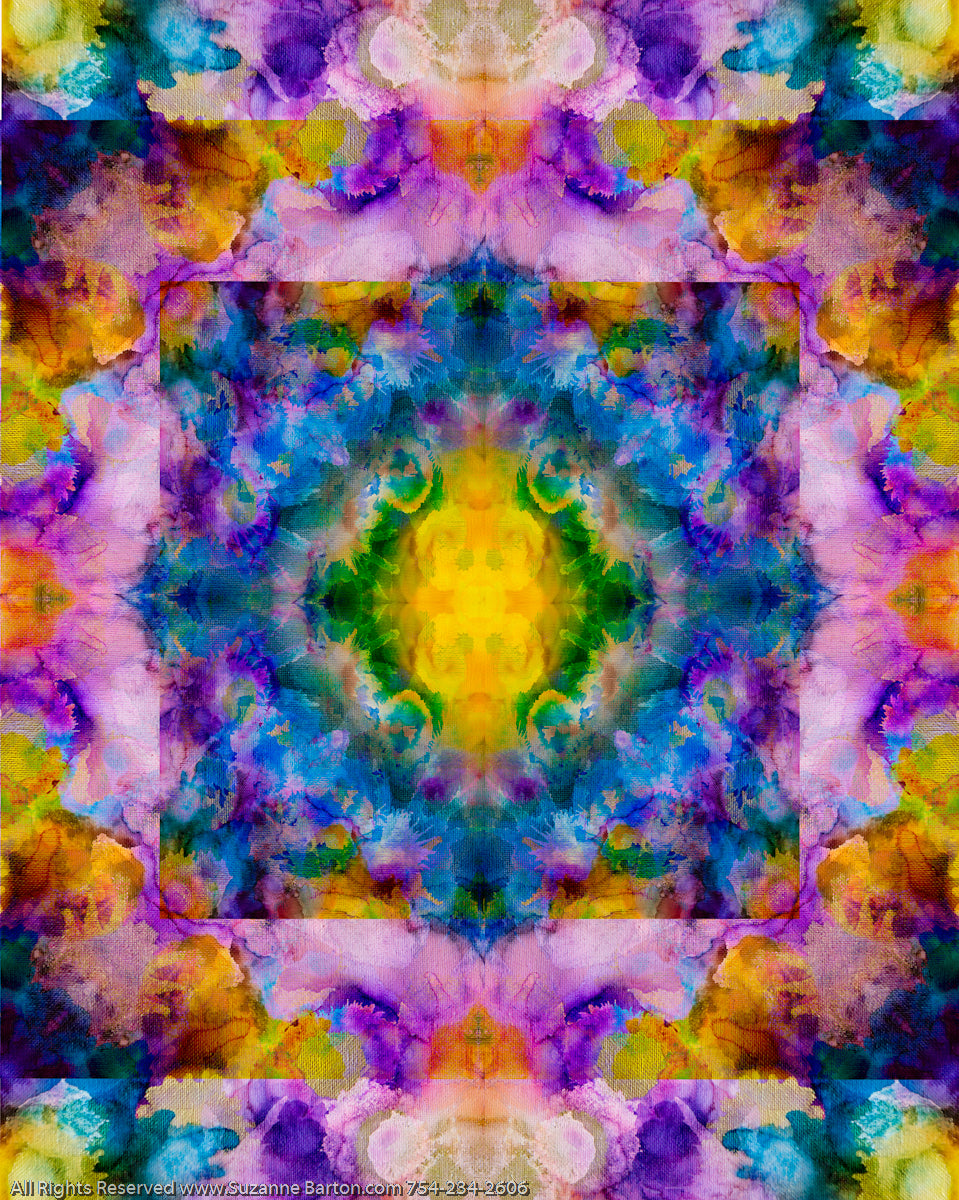 Magical watercolor-like abstract fine art photograph of vibrant colors of purple, gold, green and blue.