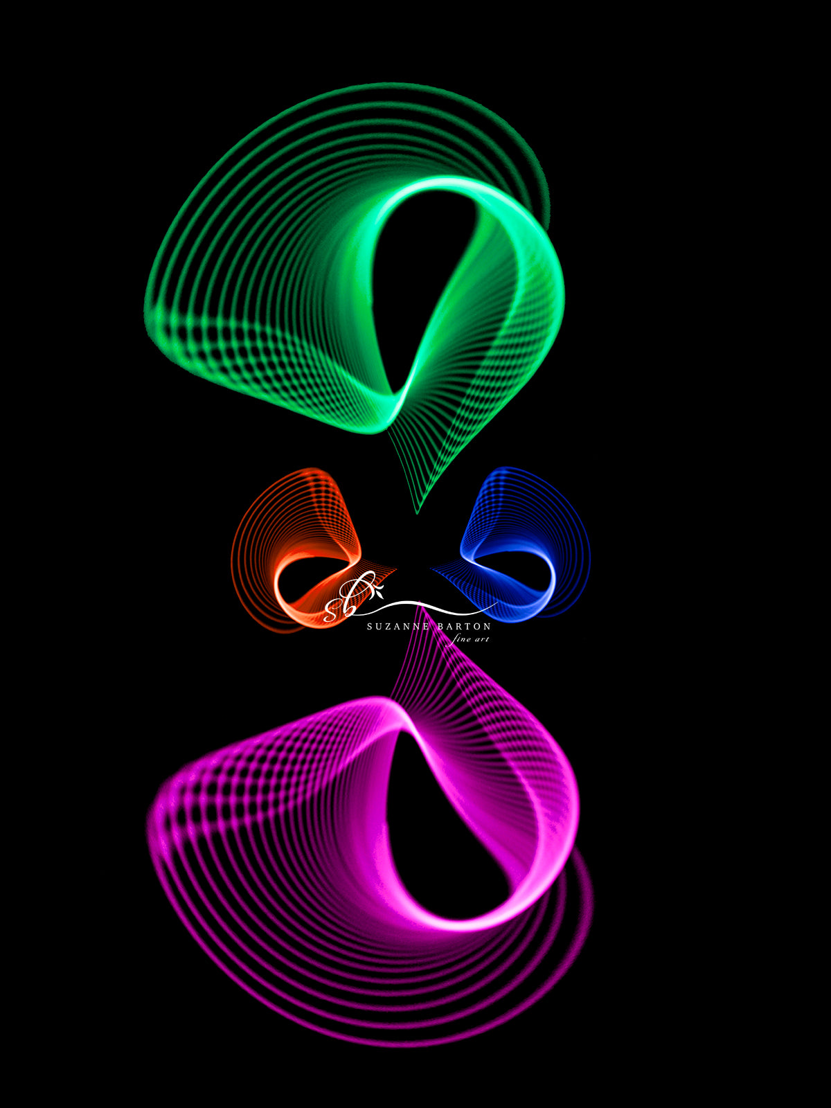 Fine Art Photograph of abstract light in a stacked design of green, bright pink, blue and red.
