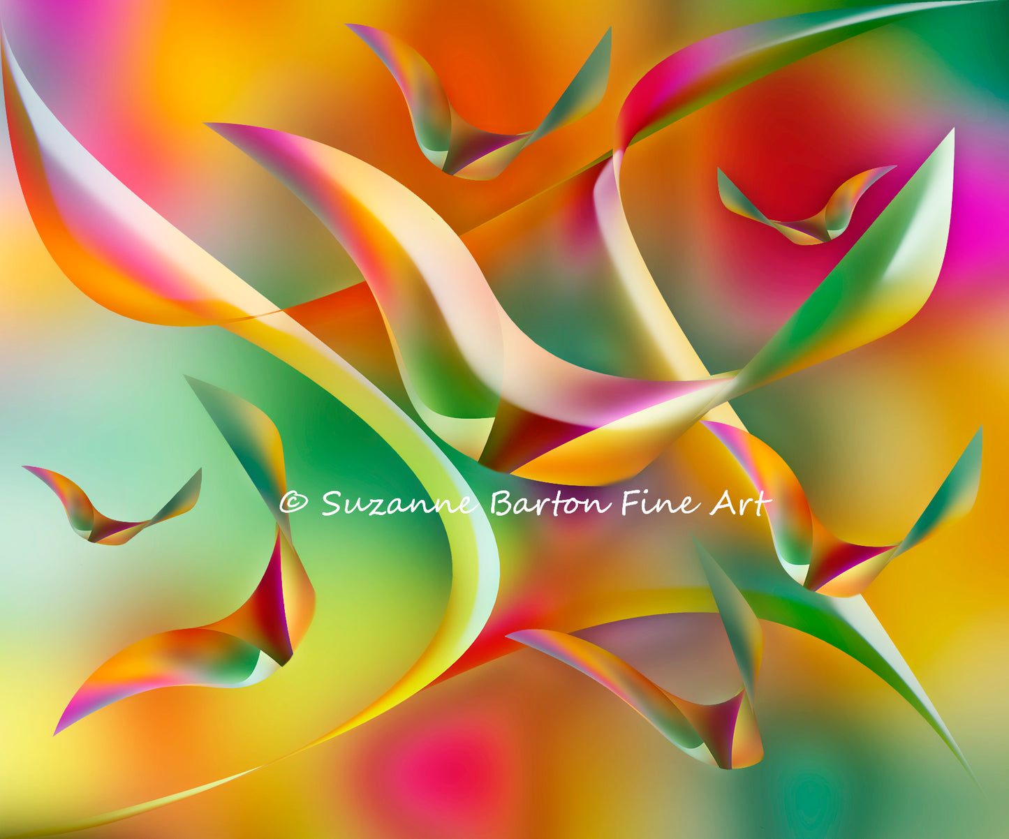 Abstract fluid shapes in magenta and orange colors flying across the soft watercolor like background as if they are birds.