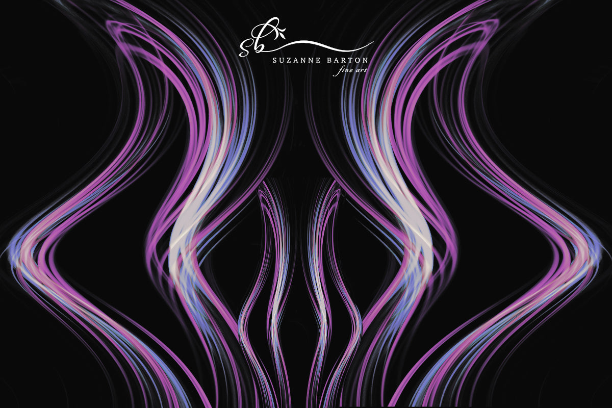 Abstract light trails in white, pink and blue that create an image similar to a white rabbit.