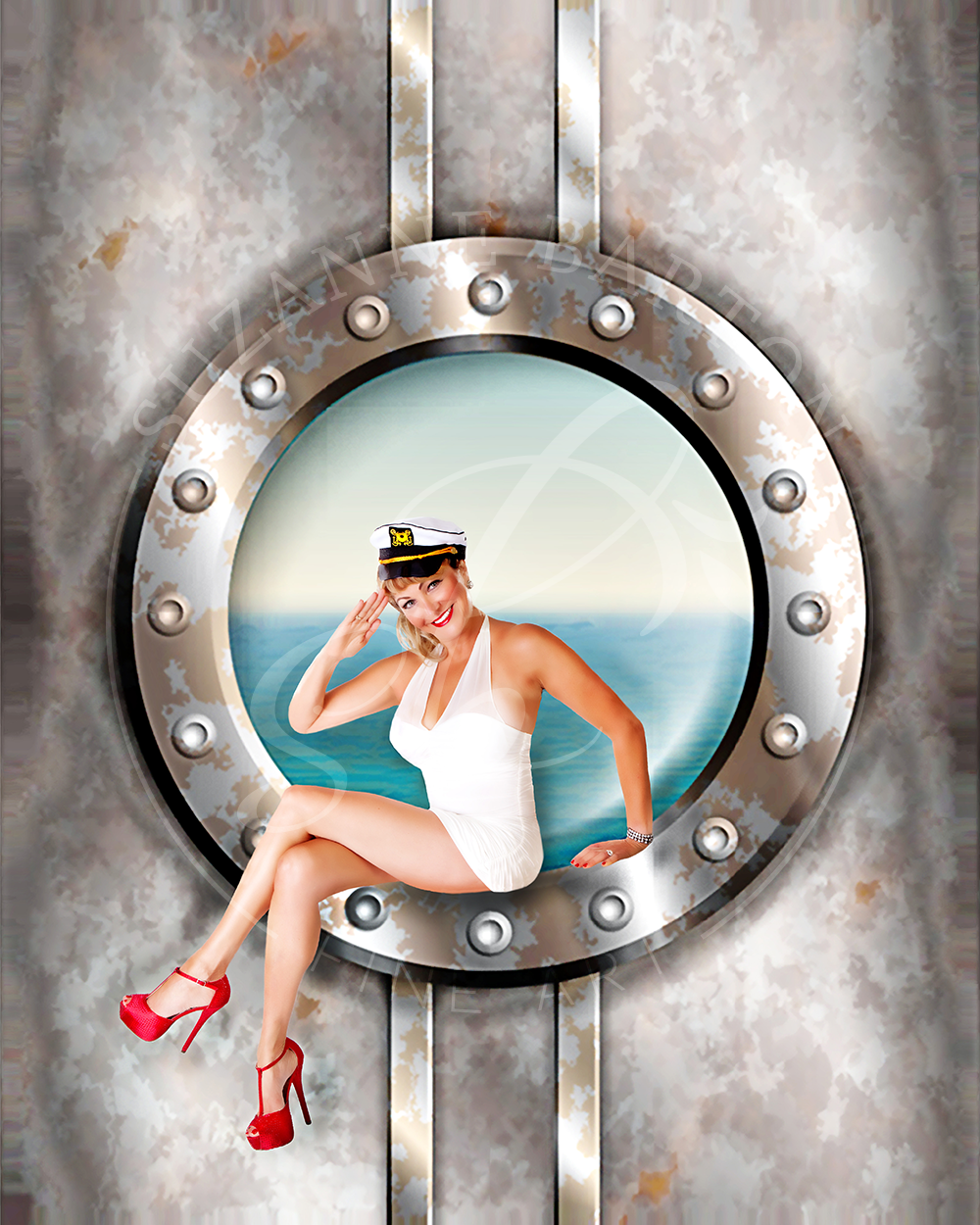 Vintage-style photograph of a woman in a white halter swimsuit and red high heels, seated in a porthole against a nautical backdrop. She is wearing a captain's hat and saluting, evoking a playful, pin-up aesthetic.
