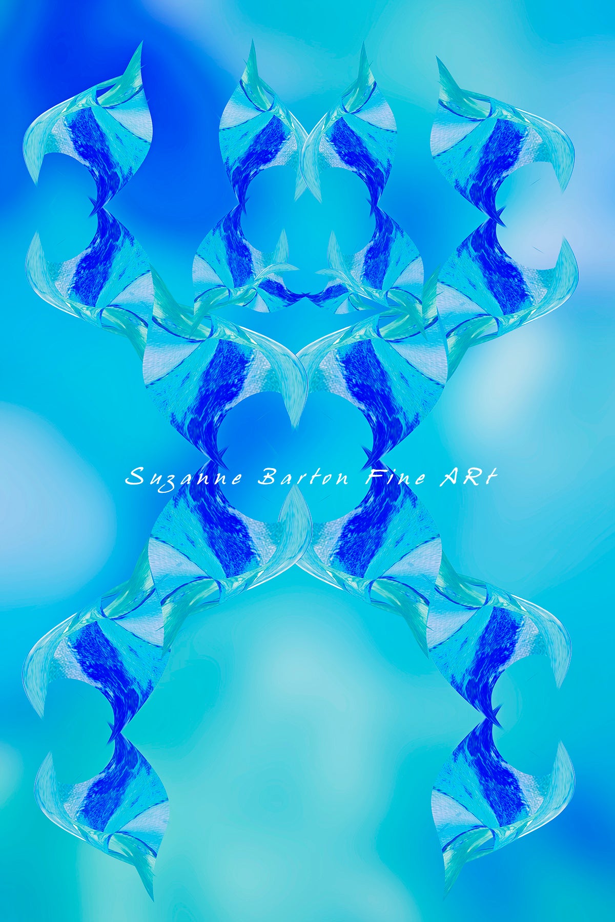 A fun abstract crab-like shape in beautiful royal blues and aqua colors.