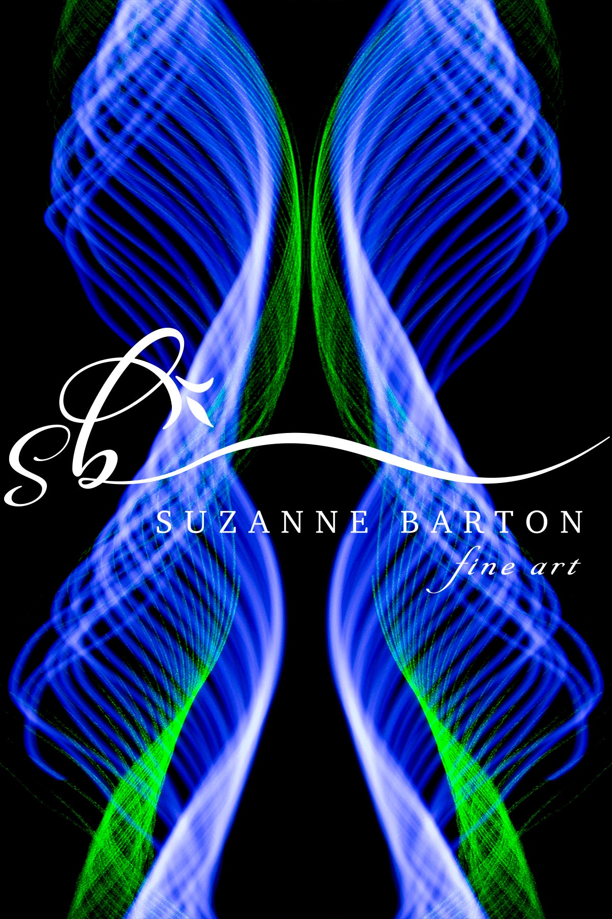 Two bands of light trails symmetrically placed in the middle of the piece. The vibrant light in blue and green colors are energetic and represent movement.