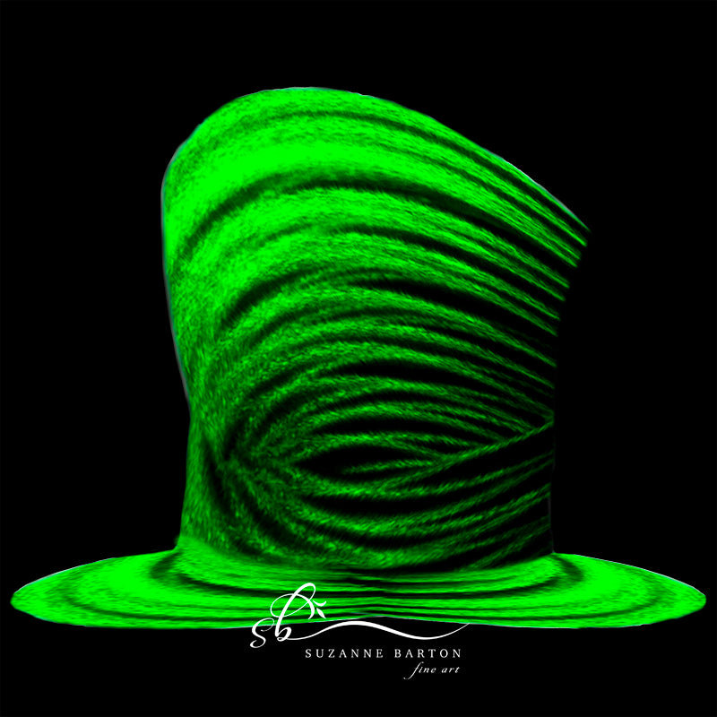 An abstract art piece of green light trails form a tall mad hatter like shape.
