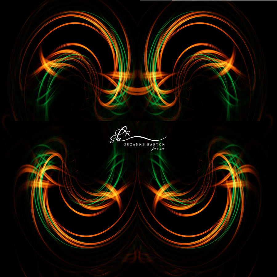 Striking digital light art in vibrant orange and green colors.