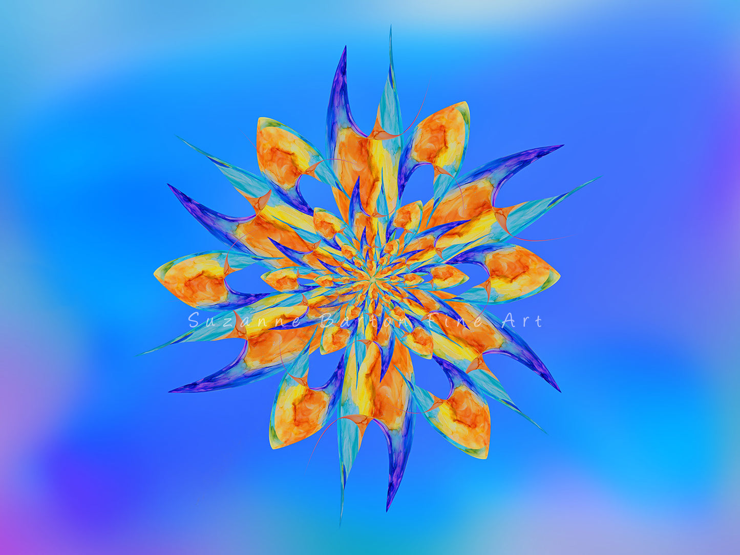 Geometric design of blues and oranges looks like a pinwheel on a blue background
