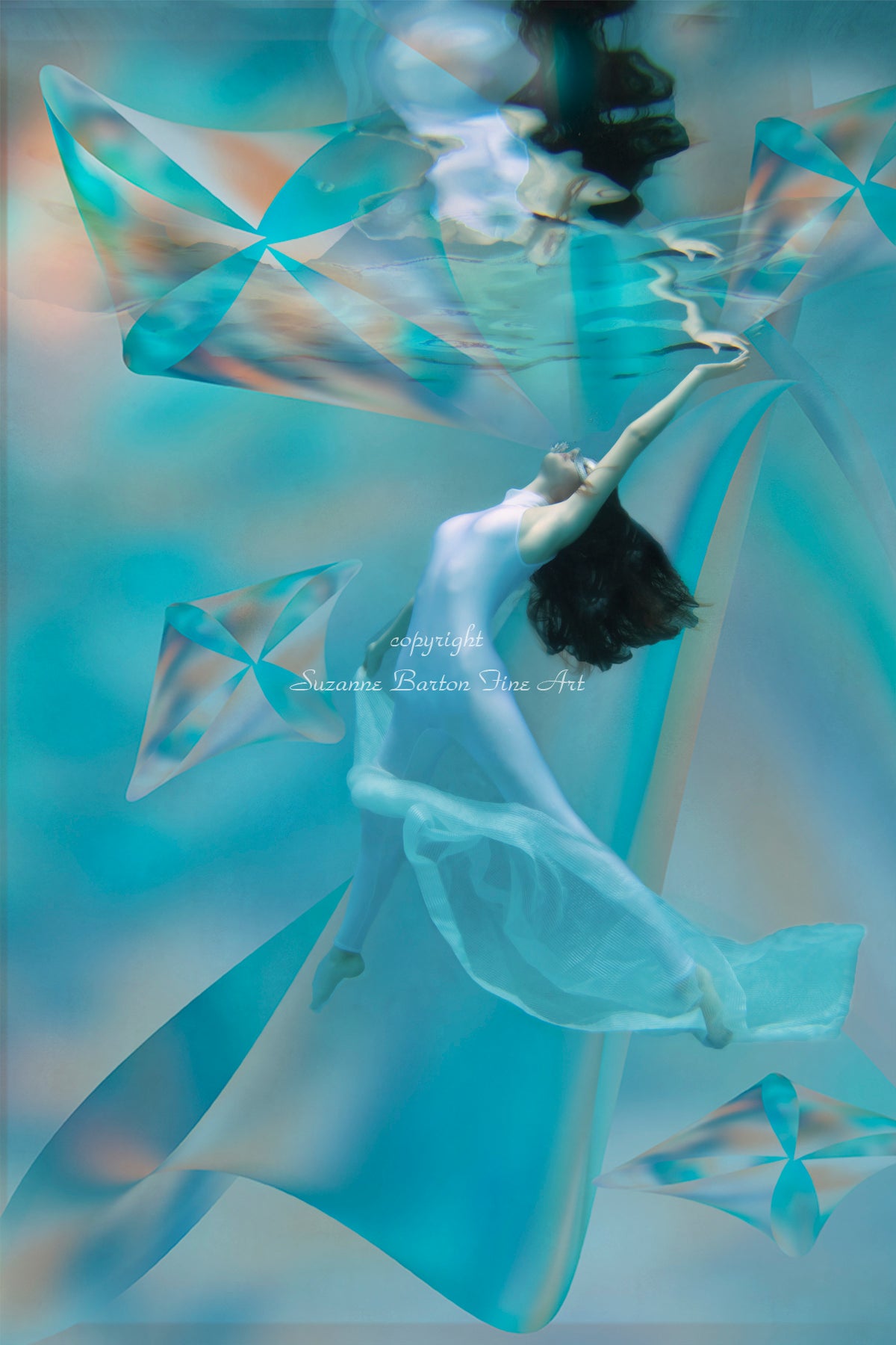 An underwater image of a woman surrounded by the shapes of kites in calm soothing colors. A serene and otherworldly image of soft blues.