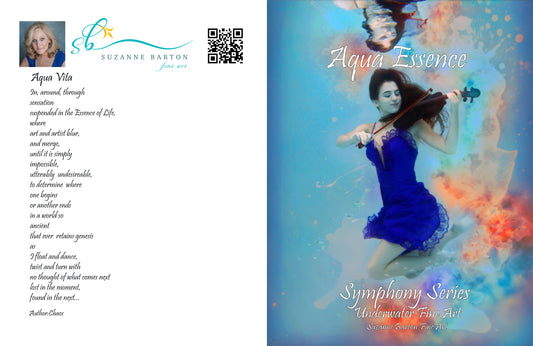 Book page example with image of beautiful woman in a blue dress underwater while playing the violin.  She is surrounded with soft pink and white colors giving the image an ethereal look.