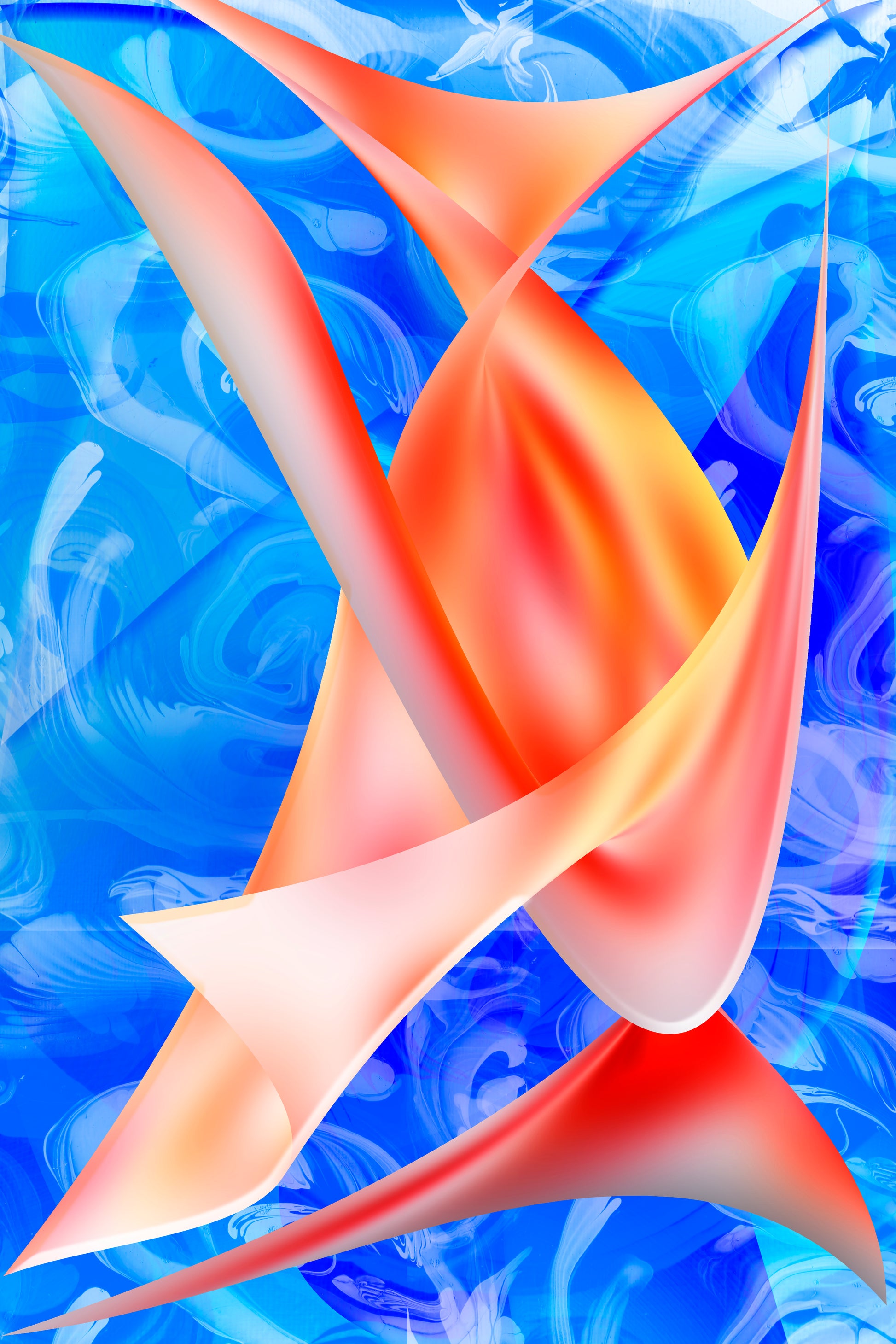 Orange and blue abstract whimsical twists and turns with painted highlights of white 