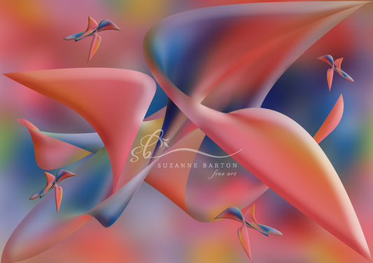 Stunning abstract fine art piece featuring soft pinks and vibrant blues. The shapes looks like birds in flight. 