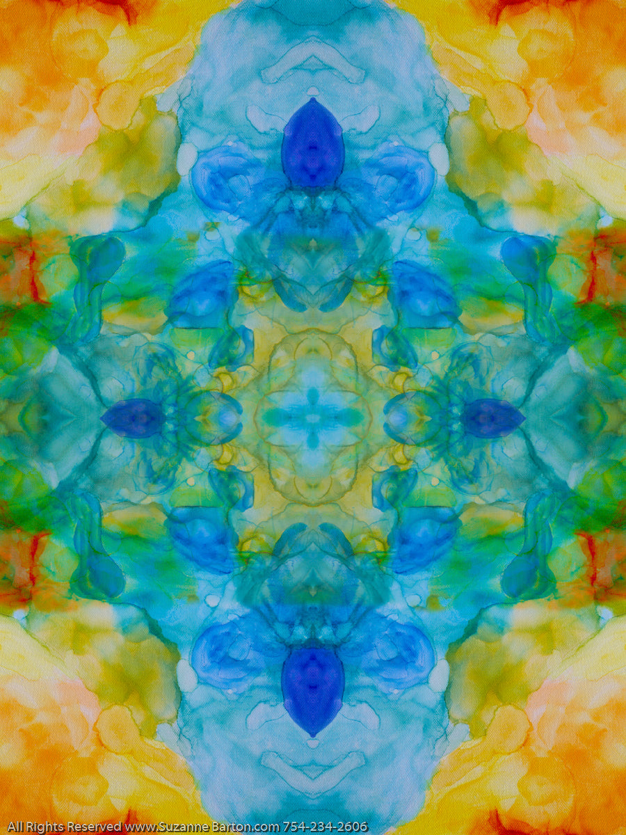 Abstract symmetrical watercolor design with vibrant blue and orange tones creating a dreamy atmosphere