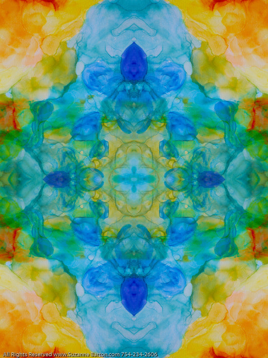 Abstract symmetrical watercolor design with vibrant blue and orange tones creating a dreamy atmosphere