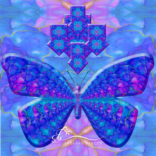 digital mosaic art of a butterfly colored in cool colors of pinks and blues