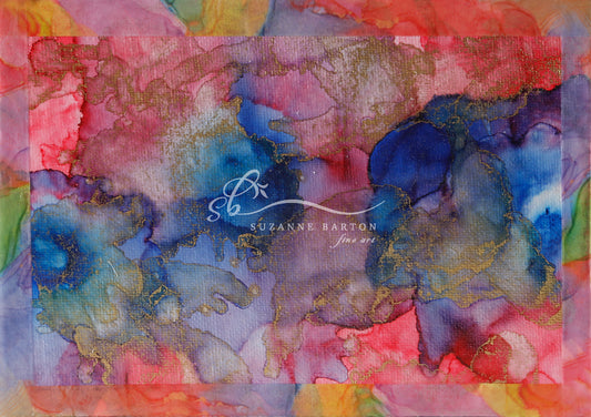 A richly colored abstract art image in rainbow colors fill the space overlapping and blending like watercolor paints.