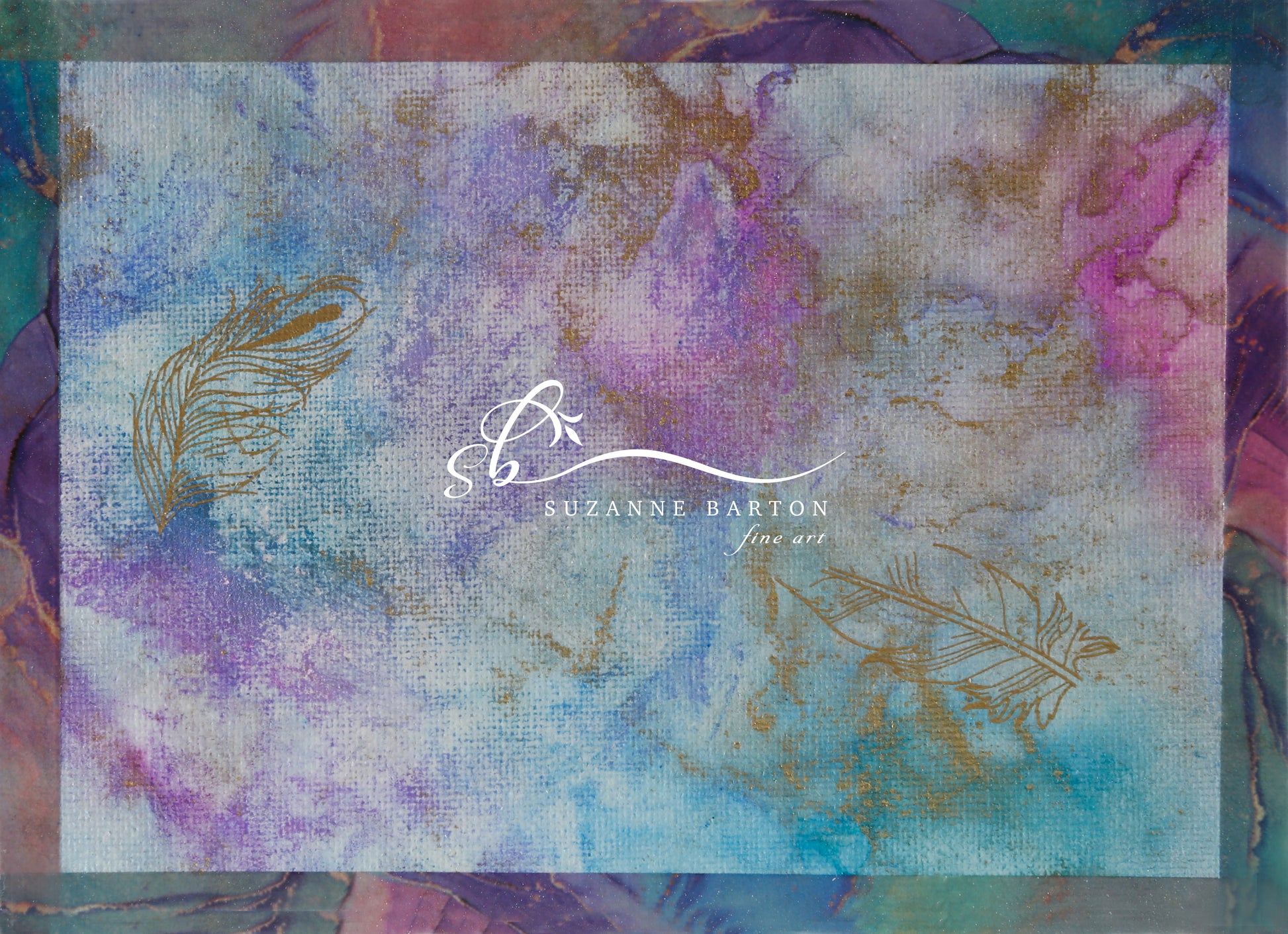 Abstract art piece in soft purple and blue tones with warm gold strokes of feathers.