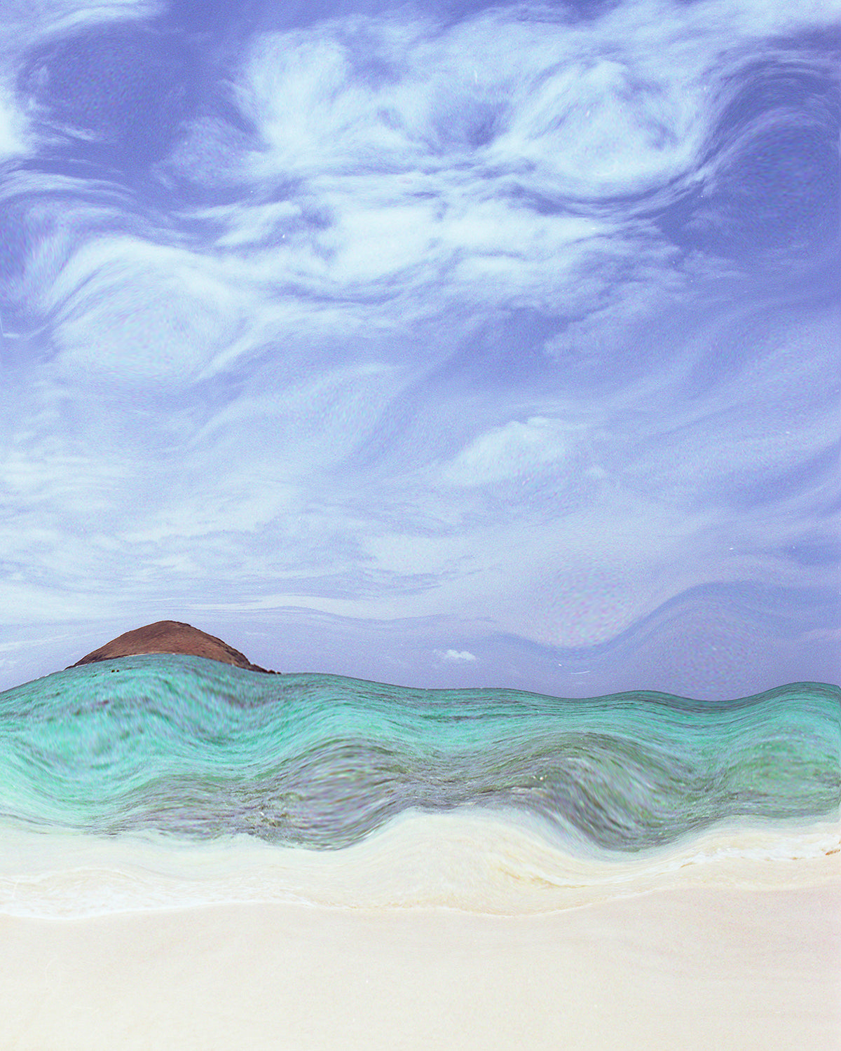 This photographic art piece captures the essence of an idyllic island setting of a beach leading to aqua blue ocean rendered in a painterly style. The blue sky is filled with fluffy white clouds.