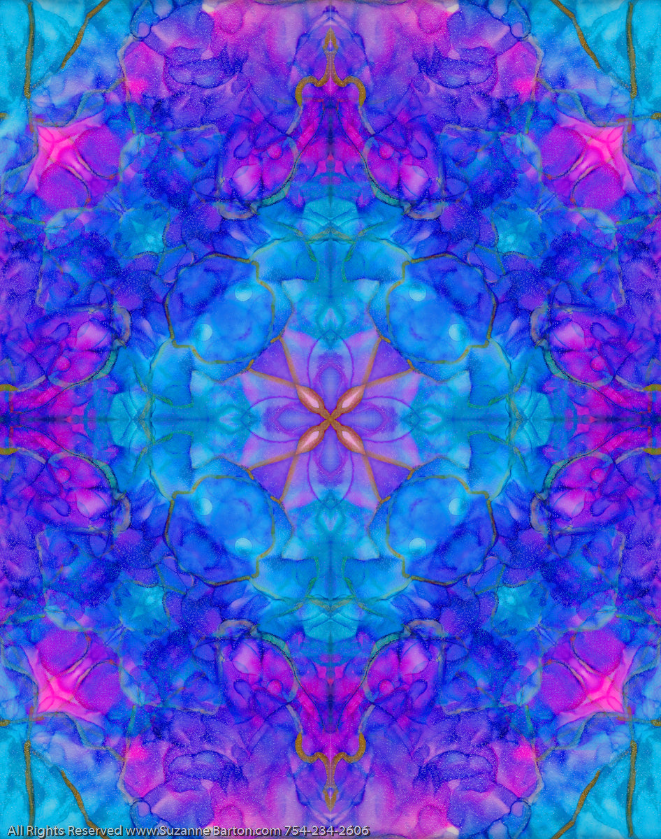 Glowy, vibrant blue, aqua and bright pink digital fine art piece in floral shapes.
