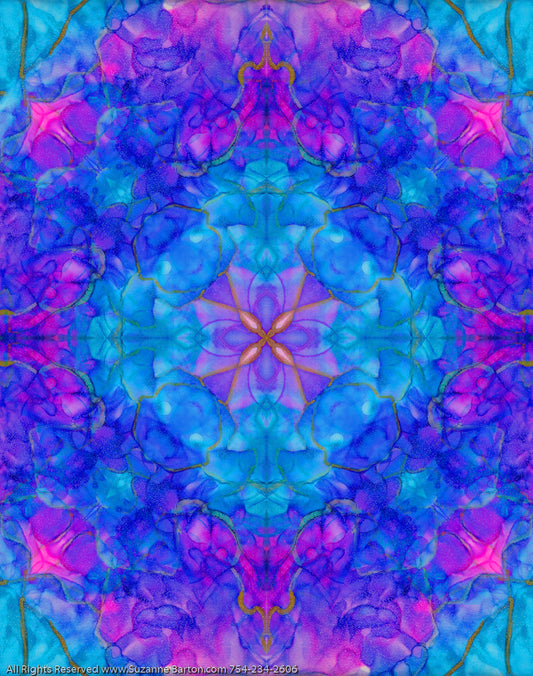 Glowy, vibrant blue, aqua and bright pink digital fine art piece in floral shapes.