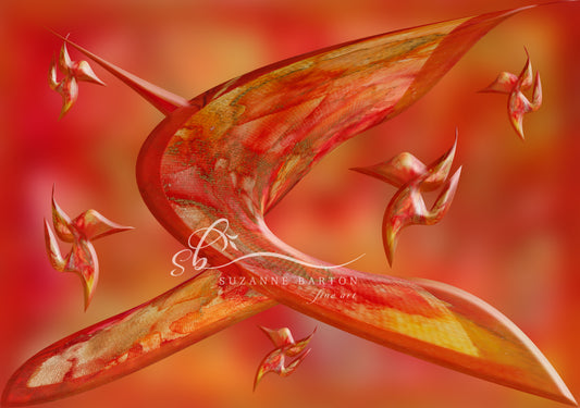 Fiery red and orange colors create a fluid design of a large abstract star surrounded by smaller abstract star shapes. 
