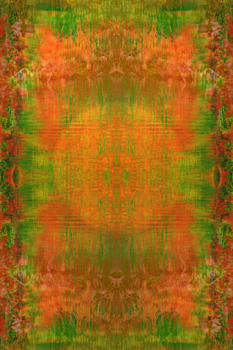 Abstract digital art piece with bright orange and green colors and patterns looking similar to a textile tapestry.