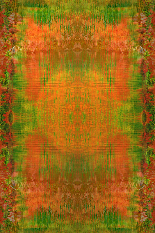 Abstract digital art piece with bright orange and green colors and patterns looking similar to a textile tapestry.