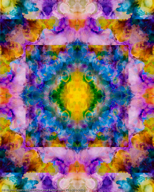 Magical watercolor-like abstract fine art photograph of vibrant colors of purple, gold, green and blue. 