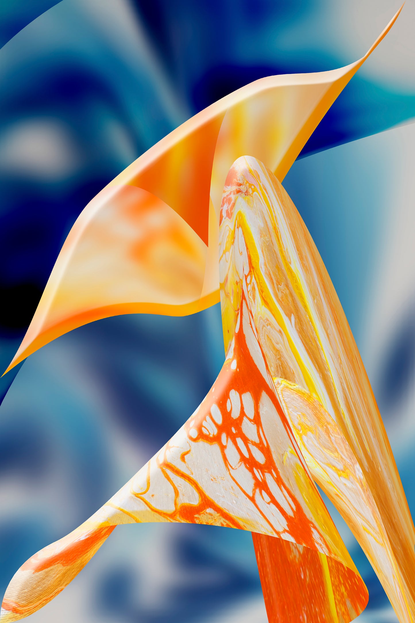 The whimsical shapes in this blue and orange abstract artwork are playful and imaginative, often defying conventional forms. They twist and turn, creating a sense of movement and fluidity.