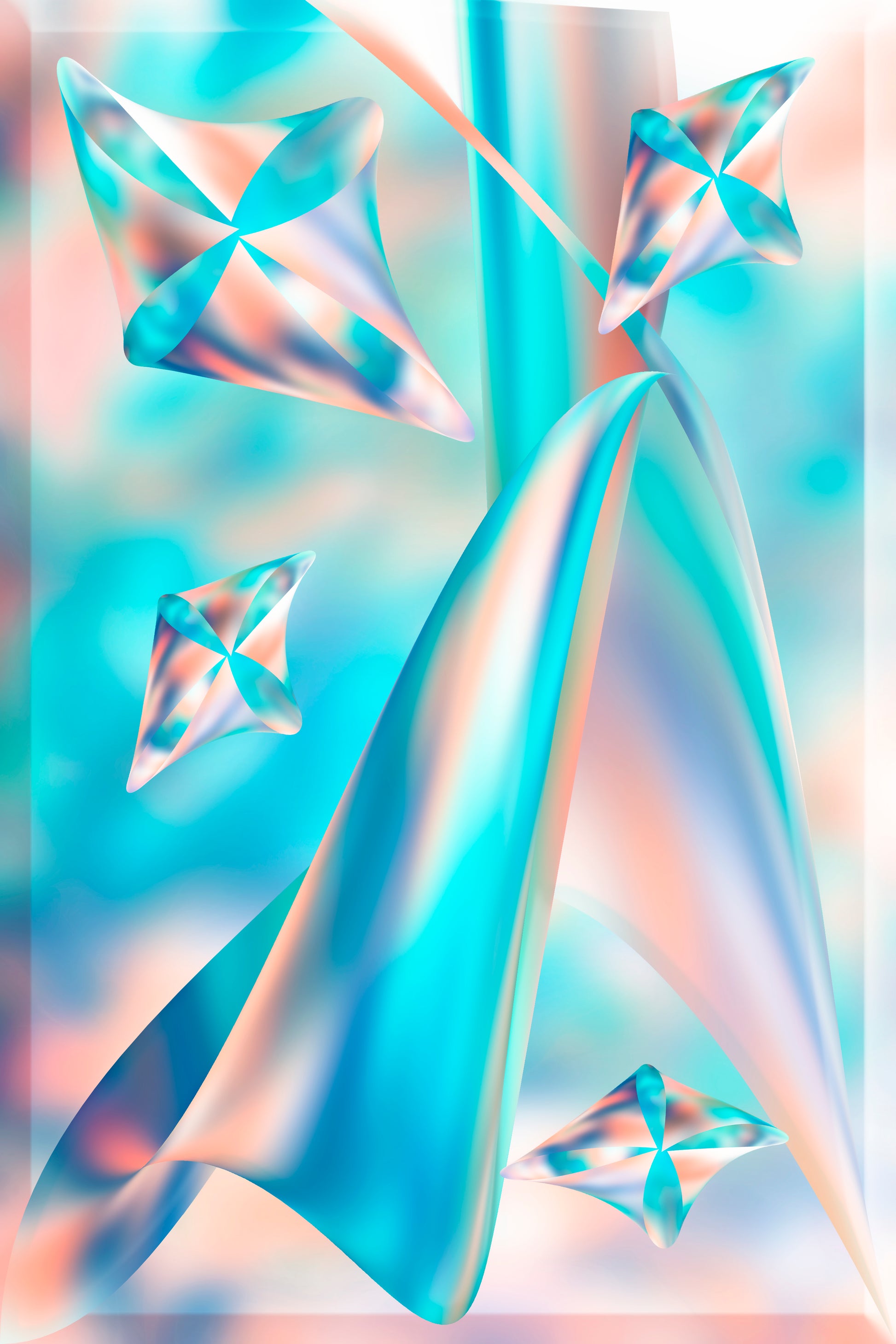Abstract fluid images that look like turquoise blue and light peach colored kites. 