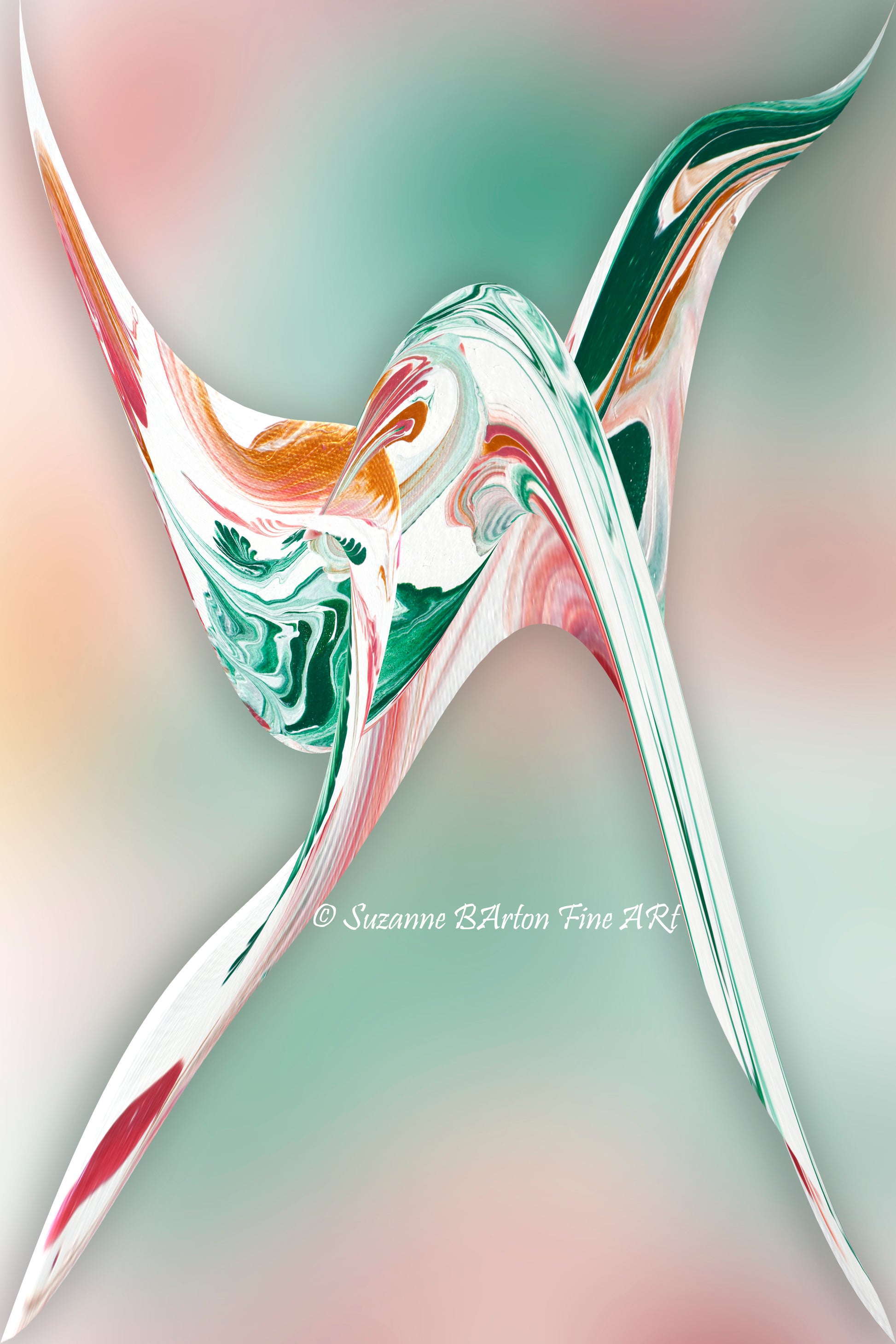 An abstract image that twists and turns creating a sense of movement
and fluidity. The colors are softer, more subdued tones of pink, green, white and orange. 