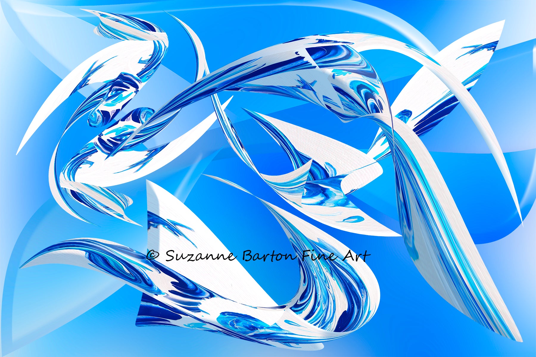 An abstract blue image with white and blue shapes that look like sharks swimming in water.