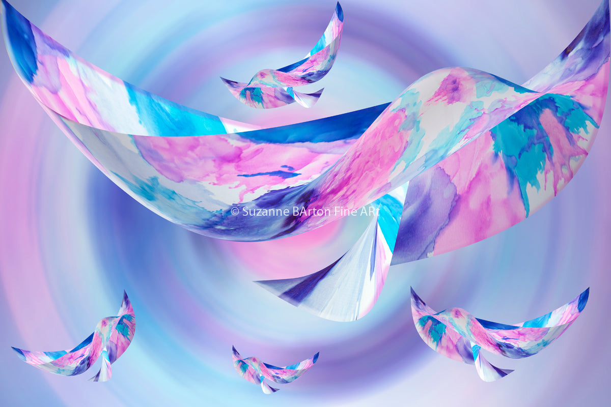 Playful abstract fine art photograph of shapes that look like flying birds bathed in pink and blues