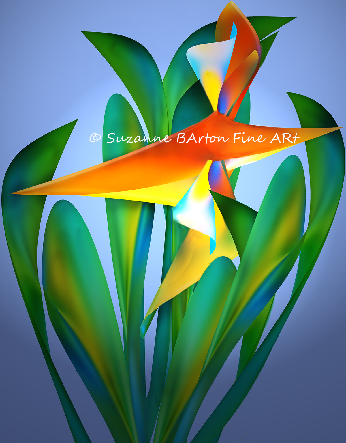 A geometric photograph that appears painted of an abstract bird of paradise flower in greens, orange and blues. 