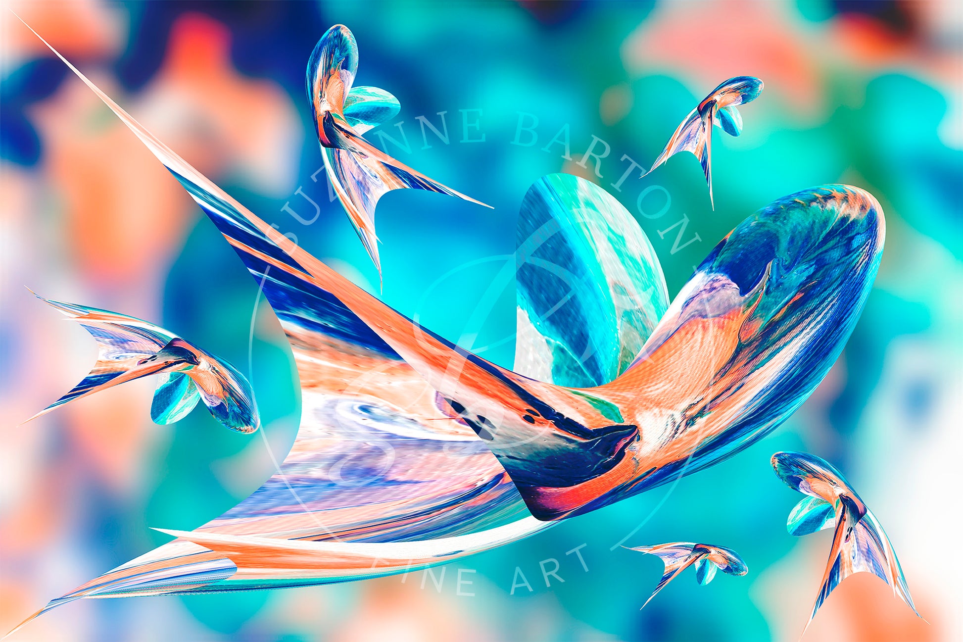 Abstract art with shapes that look like Koi fish twisting and turning, creating a sense of movement. In blues and peach colors. 