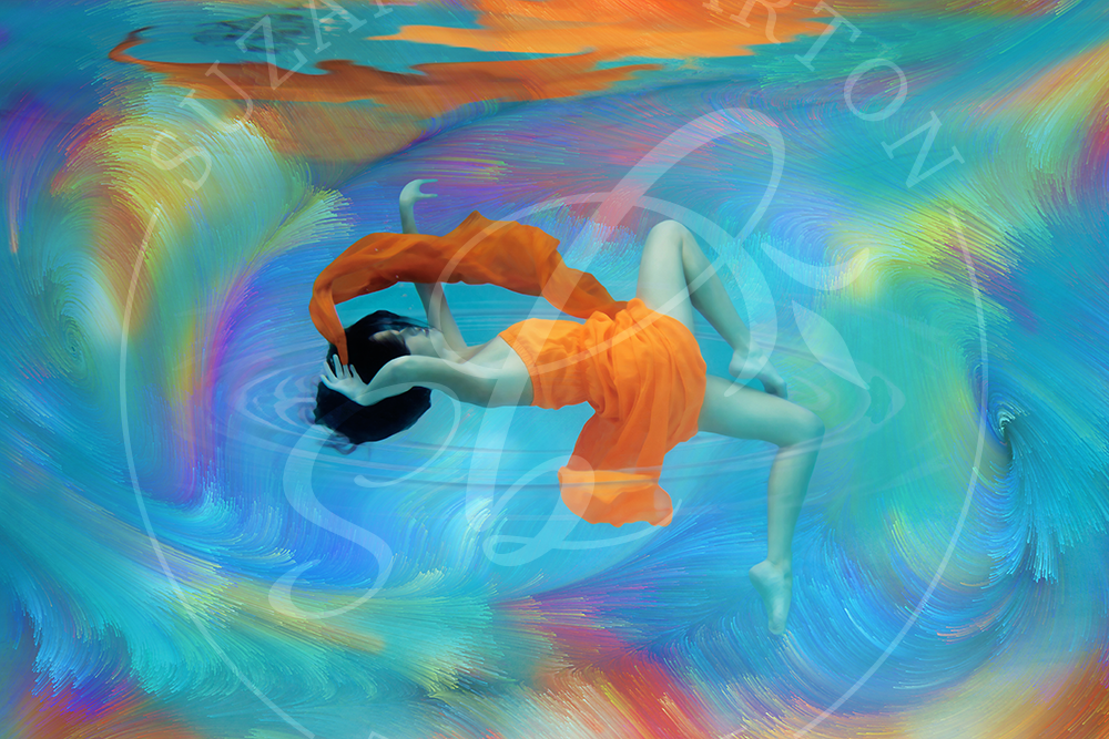 A woman underwater with a flowing orange scarf set against an abstract, vividly colorful background, creating a stunning visual spectacle. 