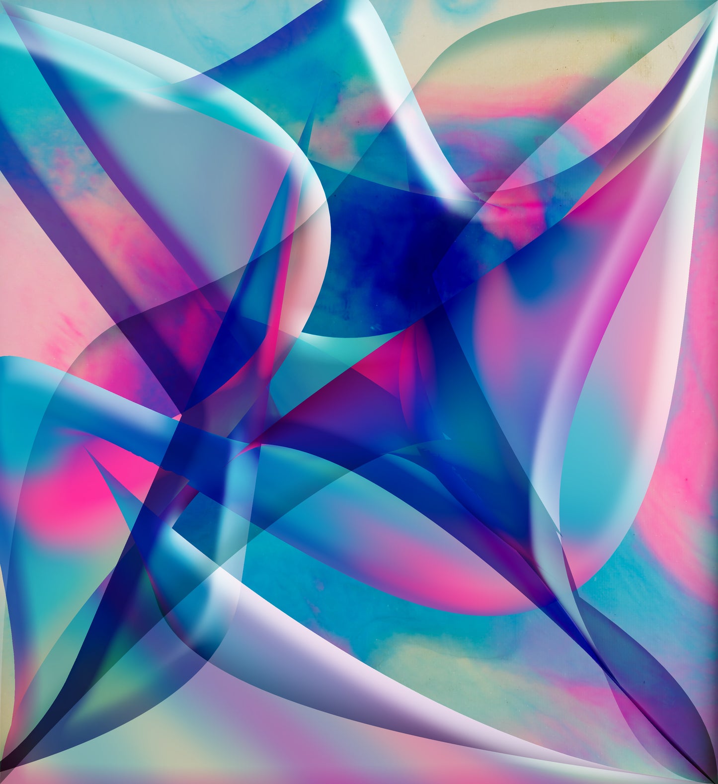 Shapes in blues and pinks twist and turn, creating a sense of movement and fluidity.  The shapes overlap each other creating depth.