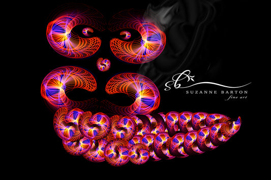 The dynamic composition created by the swirling light trails creates an abstract design that resembles the hookah smoking caterpillar from Through the Looking Glass 